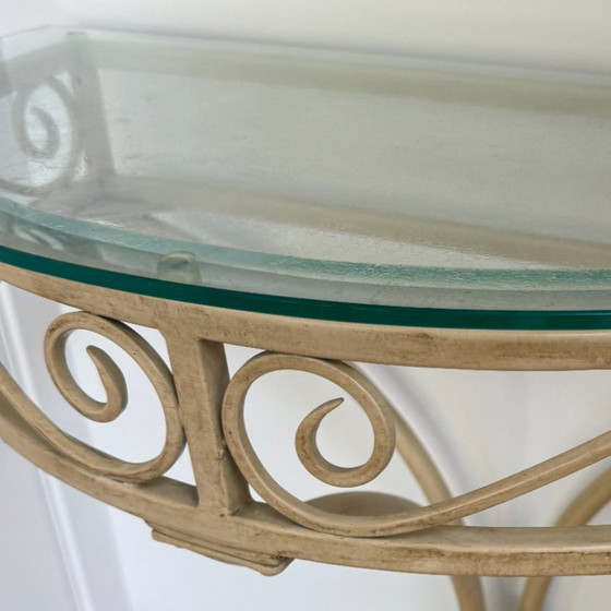 Console tafel, beige metaal en glas, Vintage (foto 5 van 5)