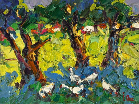 Image 1 of Original Oil Painting Summer Village Landscape Dreams in the shade of trees