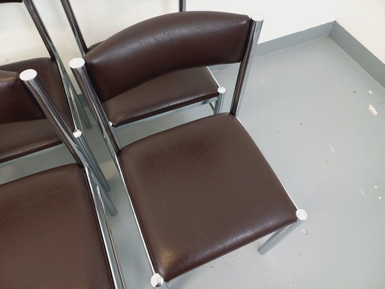 Image 1 of Set di 6 sedie vintage anni '70 in metallo cromato e similpelle marrone