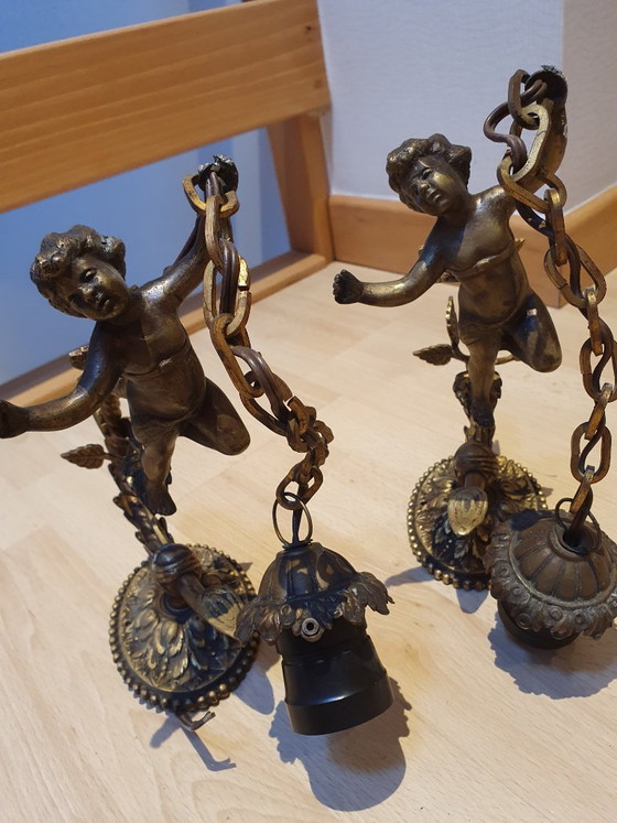 Paar antieke wandlampen met cherubijnen - messing/brons – Bronze, Metal (photo 4 of 9)