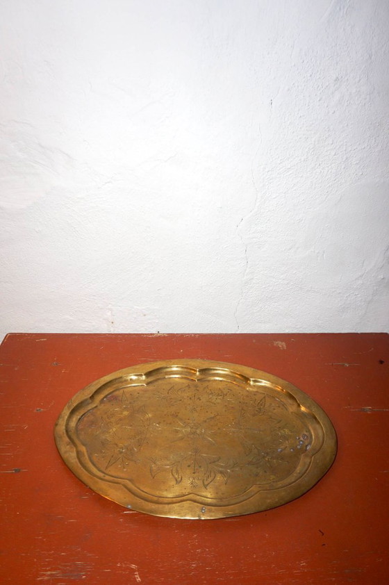 Image 1 of mid-century brass serving tray * large hand-etched oval platter * vintage barware or ottoman tray * 1940s -1960s 