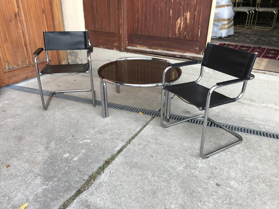 Mid-Century Chrome Tubular Coffee Table With Chairs, 1960s, Set of 3, Leather, Black, Mid Century Modern (photo 7 of 9)
