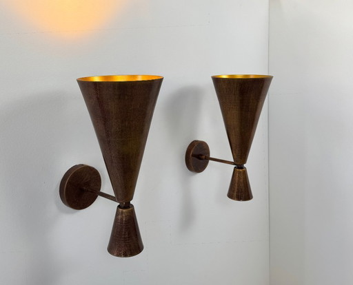 Paire d'appliques vintage métal patiné cuivré, France, 1980