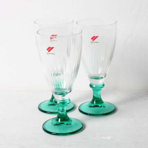 Set de 3 Copas de Vino Vintage Bormioli Rocco: Tallo Verde Harmonia, años 90