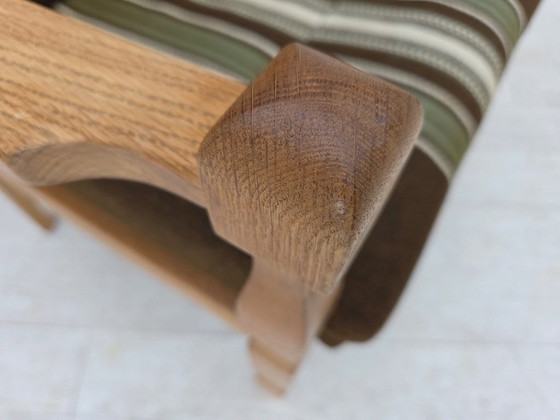 Image 1 of Sillón danés de los años 70, tapizado original de lana a rayas, madera de roble tallada.