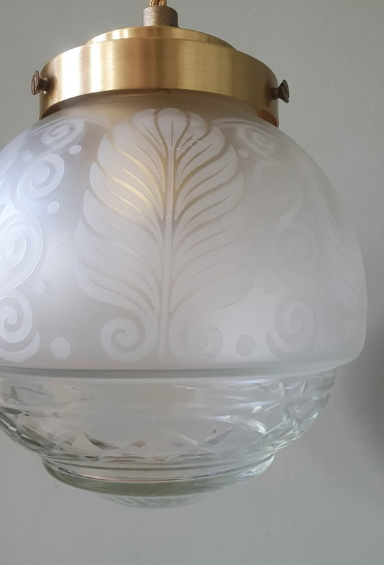 Vintage Bollamp / Hanglamp - Geslepen Glas (Ge-etst) Met Frosted Decoratie – Hanglampen, Metal (photo 12 of 15)
