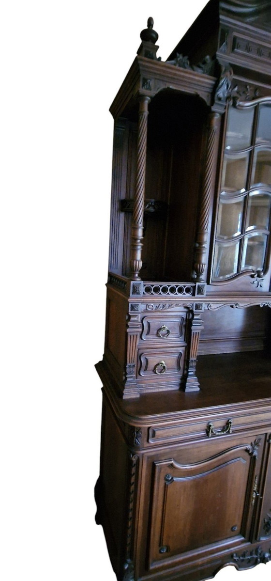Large antique French Neo-Renaissance style sideboard cabinet, 1890s, Glass, Wood, Brown (photo 3 of 6)
