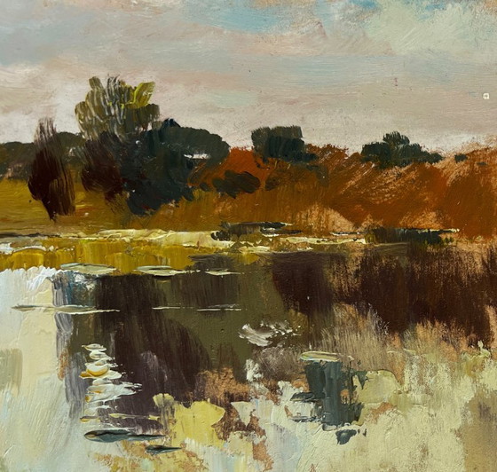 Image 1 of Original Oil Painting Gloomy River Landscape The flow of time and nature