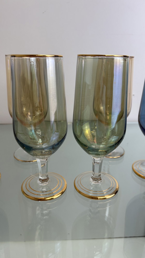 Image 1 of 8 x Vintage iridescent wine glasses or water glasses rainbow glass