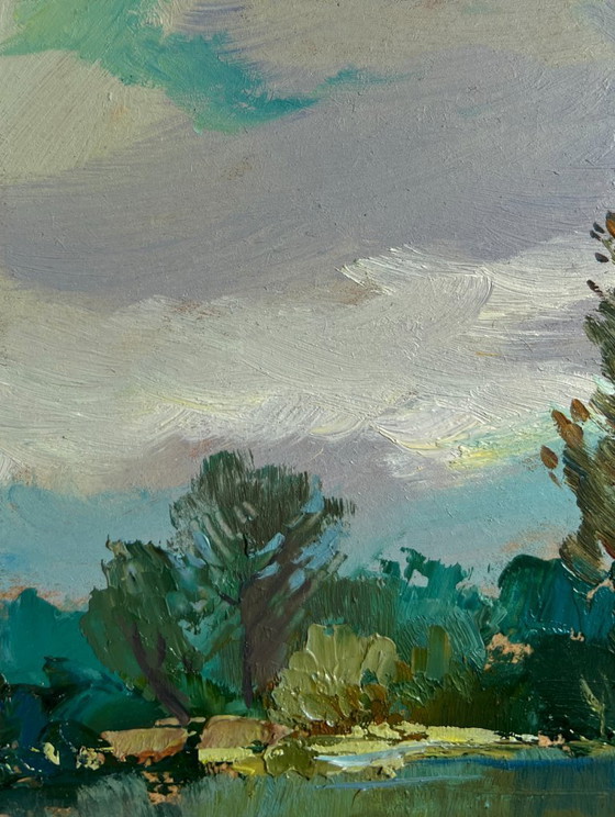 Image 1 of Original Oil Painting Summer River Landscape River in the forest thicket
