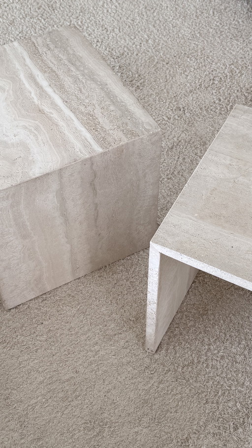 2 Travertine side tables made of natural stone - Minimalist design, timelessly elegant