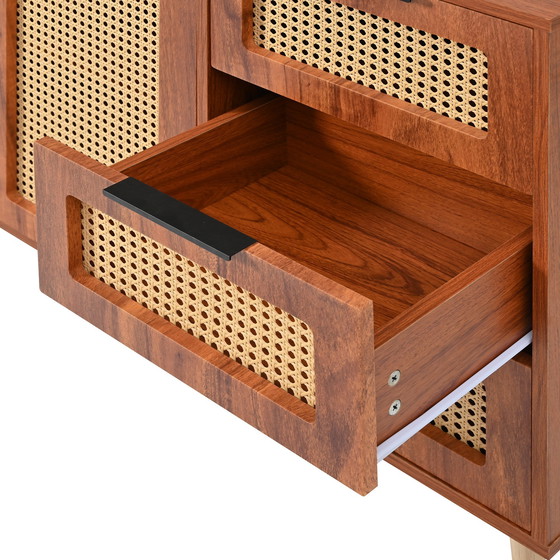 Image 1 of Urban Meuble vintage dressoir van rotan in walnoot houtlook met 2 deuren en 3 lades met zwarte handgrepen 120*38*78cm CRI
