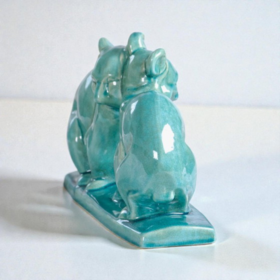 Image 1 of Art Deco Crackle-Glazed Ceramic Teddy Bear Statue Signed Lv Ceram