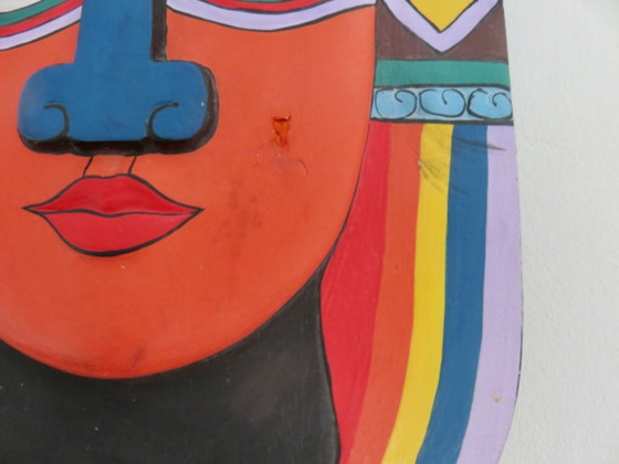 Image 1 of Masque aztèque « Laurel Burch », maya, bois peint à la main, pop art, 1980
