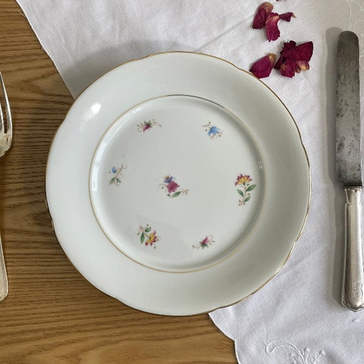 6 platos llanos antiguos de porcelana con flores y dorados, P L Limoges