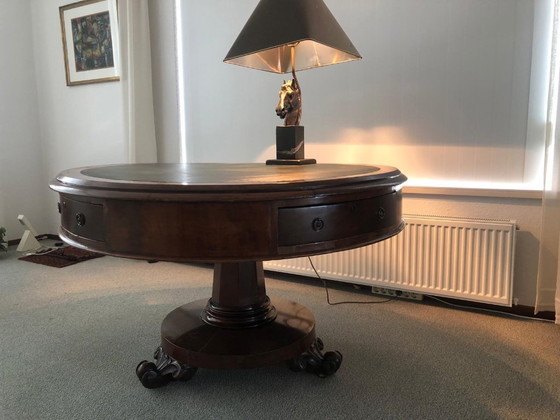 Image 1 of Antique drum table with green leather top