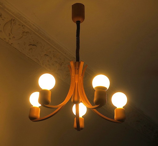 Domus Variable Height Chandelier with Five-Arms Denmark 1970s – kroonluchters, Wood