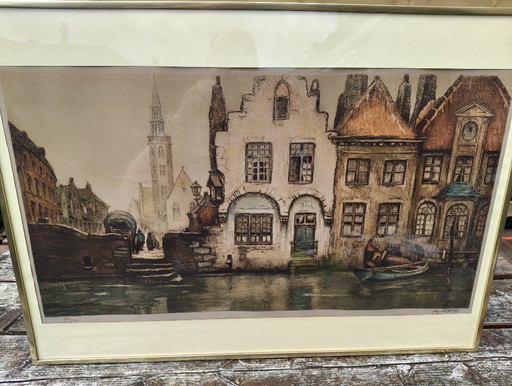 Gekleurde Ets Alfred Van Neste – Sfeervol Stadsgezicht (Ingelijst)