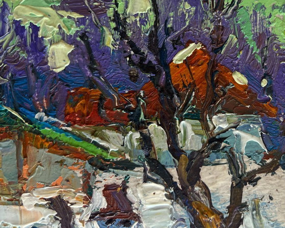 Image 1 of Original Oil Painting Winter Landscape Children are making a snowman