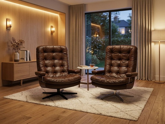 Fauteuil lounge pivotant vintage en cuir marron Sam Larsson – Chaises pivotantes, Métal (photo 5 of 5)