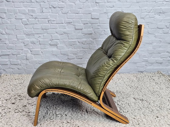 Image 1 of Sillón Rybo Rykken Ry-Wing de diseño de mediados de siglo en cuero verde oliva, Noruega, década de 1960