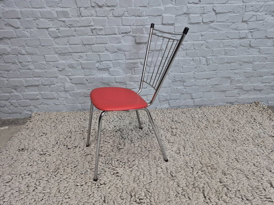 Image 1 of Set of 4 Vintage Design Kitchen Chairs with Metal Spindle Backs and Red Leatherette Seats, The Netherlands, 1960s