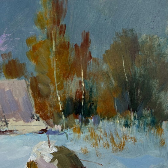 Image 1 of Origineel olieverfschilderij: Winterdorplandschap, comfort tijdens een winternacht.