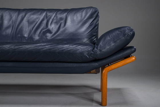 Image 1 of  Danish Teak and Navy Blue Leather 3-Seater Sofa from Komfort, 1970s
