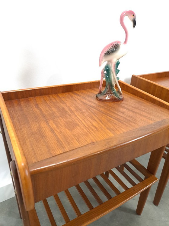 Image 1 of Teak veneer bedside table set with drawer from Sweden