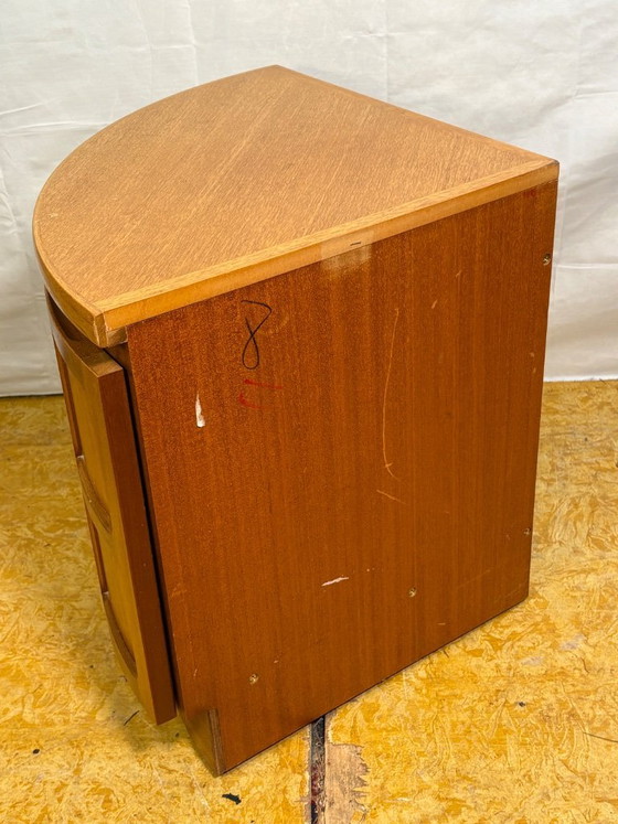 Image 1 of Mid-Century Retro Vintage Teak Corner Cabinet by Nathan Furniture 1970  “Squares” Range • Curved Doors • Compact Danish-Inspired