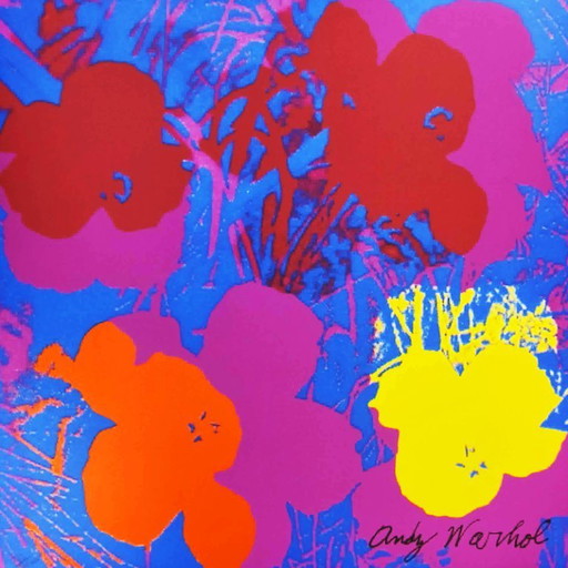 Grande lithographie d'Andy Warhol « Fleurs » violette, édition limitée numérotée au crayon par le CMOA. 60 cm /