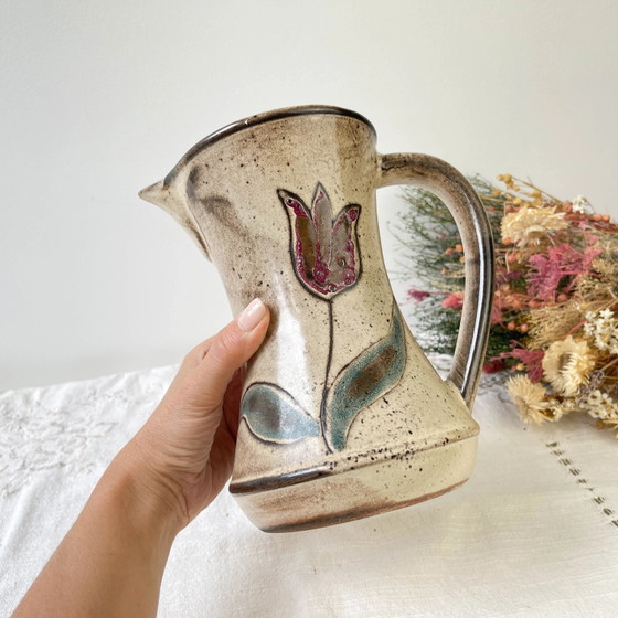 1970s Les Grottes Dieulefit Floral Pattern Ceramic Pitcher – Glass & Decanter, Rustic (photo 4 of 10)