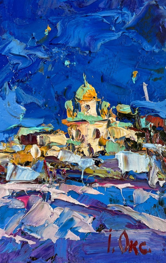 Image 1 of Original Oil Painting Winter Church Landscape Moonlit night over the city