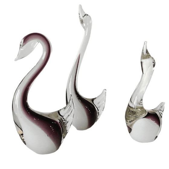 Image 1 of Ensemble de cygnes en verre vintage, verre violet style Murano, années 1980