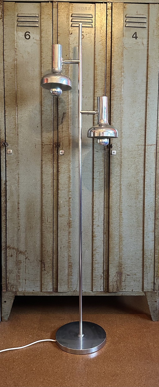 Lampadaire chromé style Space Age – design années 70, hauteur 161 cm, grands spots orientables