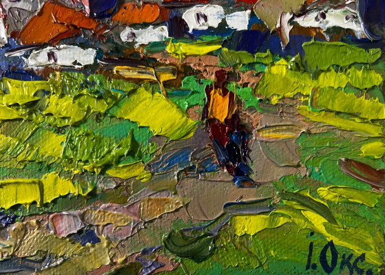 Image 1 of Original Oil Painting Day Village Landscape As the snow melts early spring comes