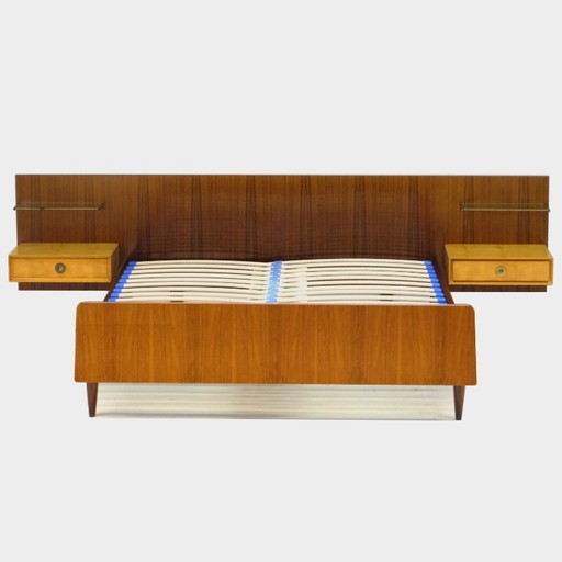 Vintage bed with bedside tables in teak and maple, 1960s