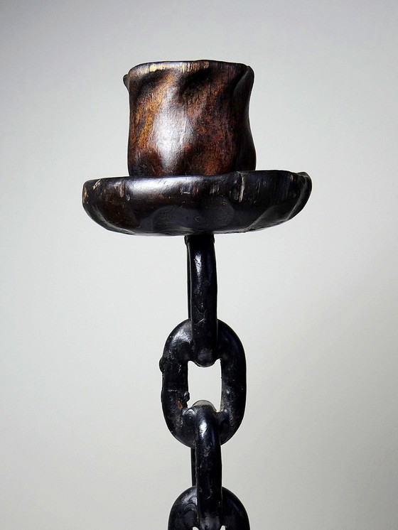 Image 1 of Vintage Brutalist Wrought Iron Candleholder Horseshoes Chain and Wood