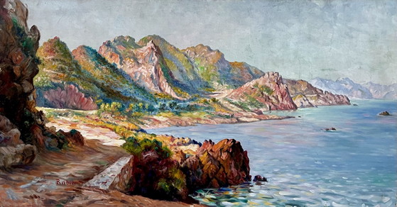 Gran óleo postimpresionista, La Corniche d’Or, Estérel, Firmado Rabier, Hacia 1920, Pinturas y dibujos, Madera (foto 2 de 13)