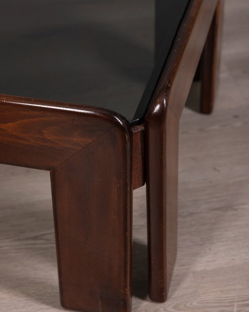 VINTAGE 1970s RECTANGULAR WOOD AND GLASS TABLE DESIGNED BY AFRA AND TOBIA SCARPA