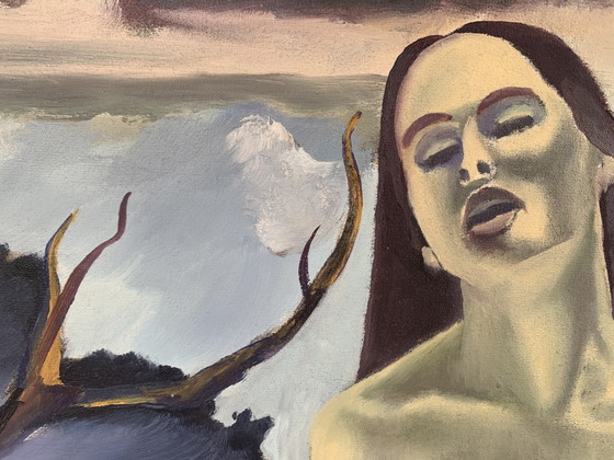 Image 1 of Large Vintage Canvas 60x100 - Artistic Nude Woman in the Waves - Oil Painting on Canvas 1980 with Autograph Dedication on the Ba