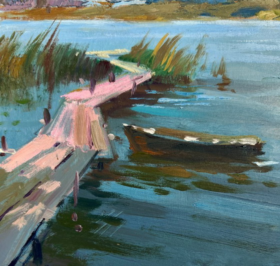 Image 1 of Original Oil Painting Summer River Landscape Quiet flow of the river