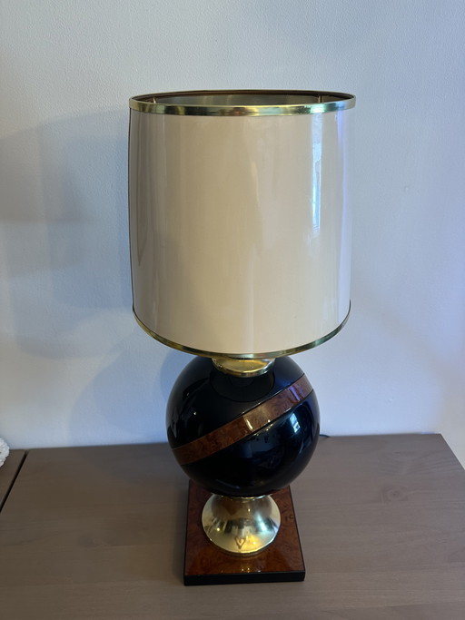 Vintage Hollywood Regency style table lamp in walnut and brass, 1970s