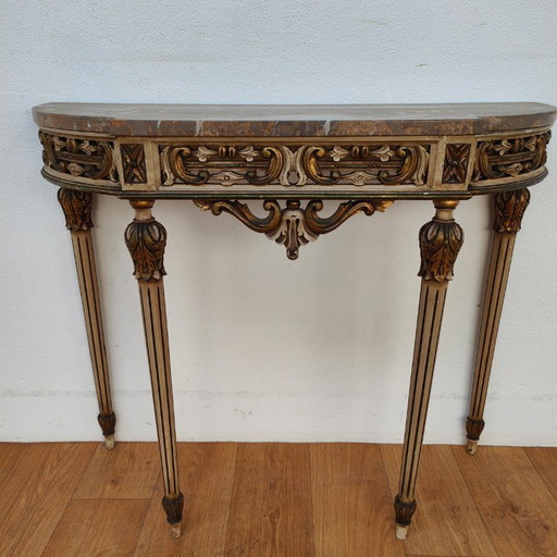 Vintage wall console, side table, console table with marble top. Italian