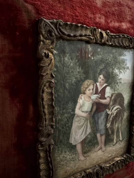 Image 1 of Dipinto di scena pastorale su porcellana, XIX secolo