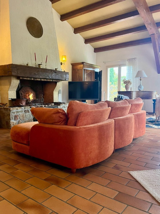 Image 1 of Viscoti vintage stoffen bank met chaise longue in roest/oranje