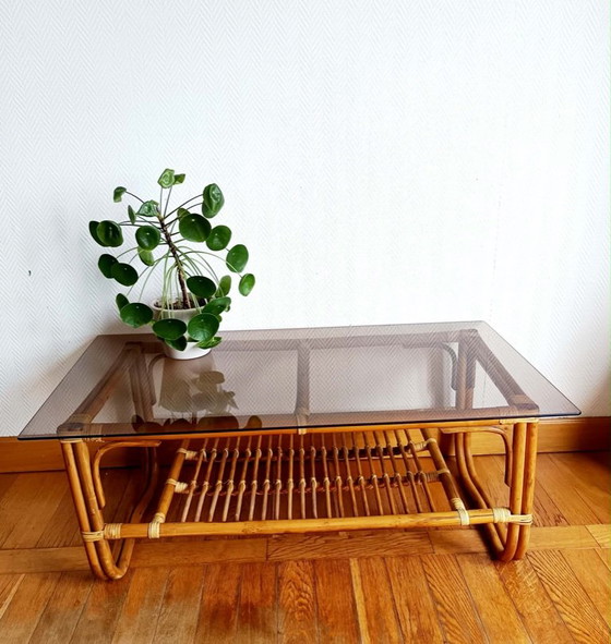 Vintage rotan salontafel uit de jaren 60 – Rattan, Glass (photo 2 of 10)