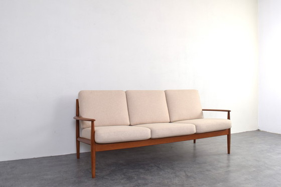 Image 1 of Deense teakhouten en wollen sofa uit het midden van de 20e eeuw, ontworpen door Grete Jalk voor France & Søn, jaren 60.