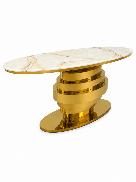 Contemporary Console Table, Side Table, Brass and Gold Marble (photo 7 of 9)