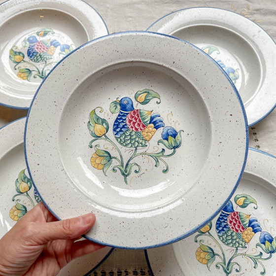 5 Piatti Fondi in Maiolica Italiana Maculata 'TIFFANY' – Motivo Uccello Vintage – Stoviglie (photo 6 of 9)